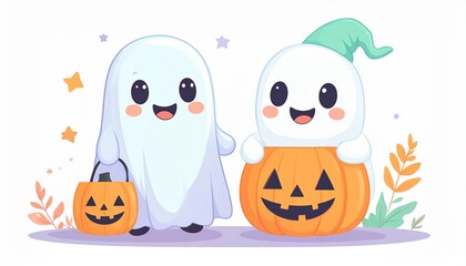 Obraz premium Two cute cartoon ghosts celebrating Halloween with pumpkins and stars, perfect for festive designs.