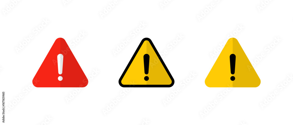 Poster warning icon set in flat design. caution and alert triangle sign. danger and hazard symbol