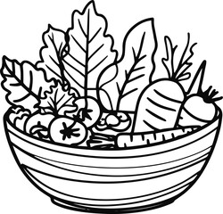 Hand-drawn salad bowl line art vector, abstract doodle leaves and vegetables outline, clean healthy food sketch icon 3