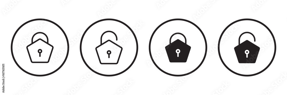 Poster lock and unlock icon set in circle and stroke style in black and white color in modern style. lock i
