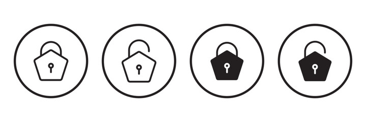 Lock and unlock icon set in circle and stroke style in black and white color in modern style. Lock icon collection. Locked and unlocked black stroke icon . set of locks icon of Silhouettes .  