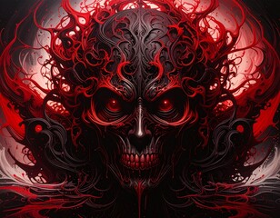 A detailed digital artwork of a demonic skull with red eyes and intricate details.