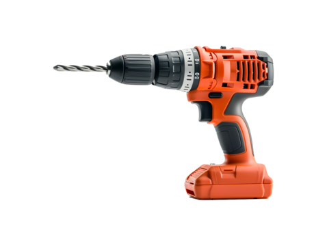 cordless orange electric drill with drill bit isolated on transparent