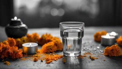Day of the Dead Offering: Water Glass, Marigolds, and Candles in Soft Light
