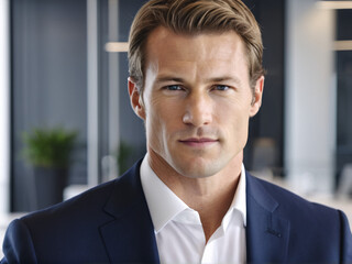 Confident businessman with sharp facial features in elegant suit at modern office