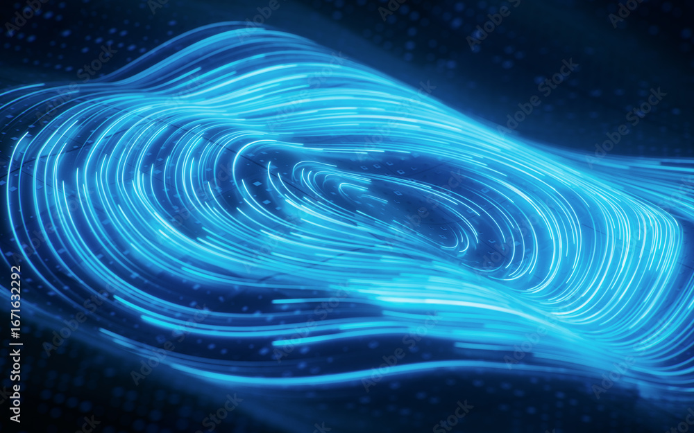 Poster spinning vortex curve lines with board background, 3d rendering.