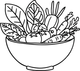 Hand-drawn salad bowl line art vector, abstract doodle leaves and vegetables outline, clean healthy food sketch icon.