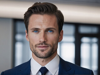 Confident businessman with sharp facial features in elegant suit at modern office