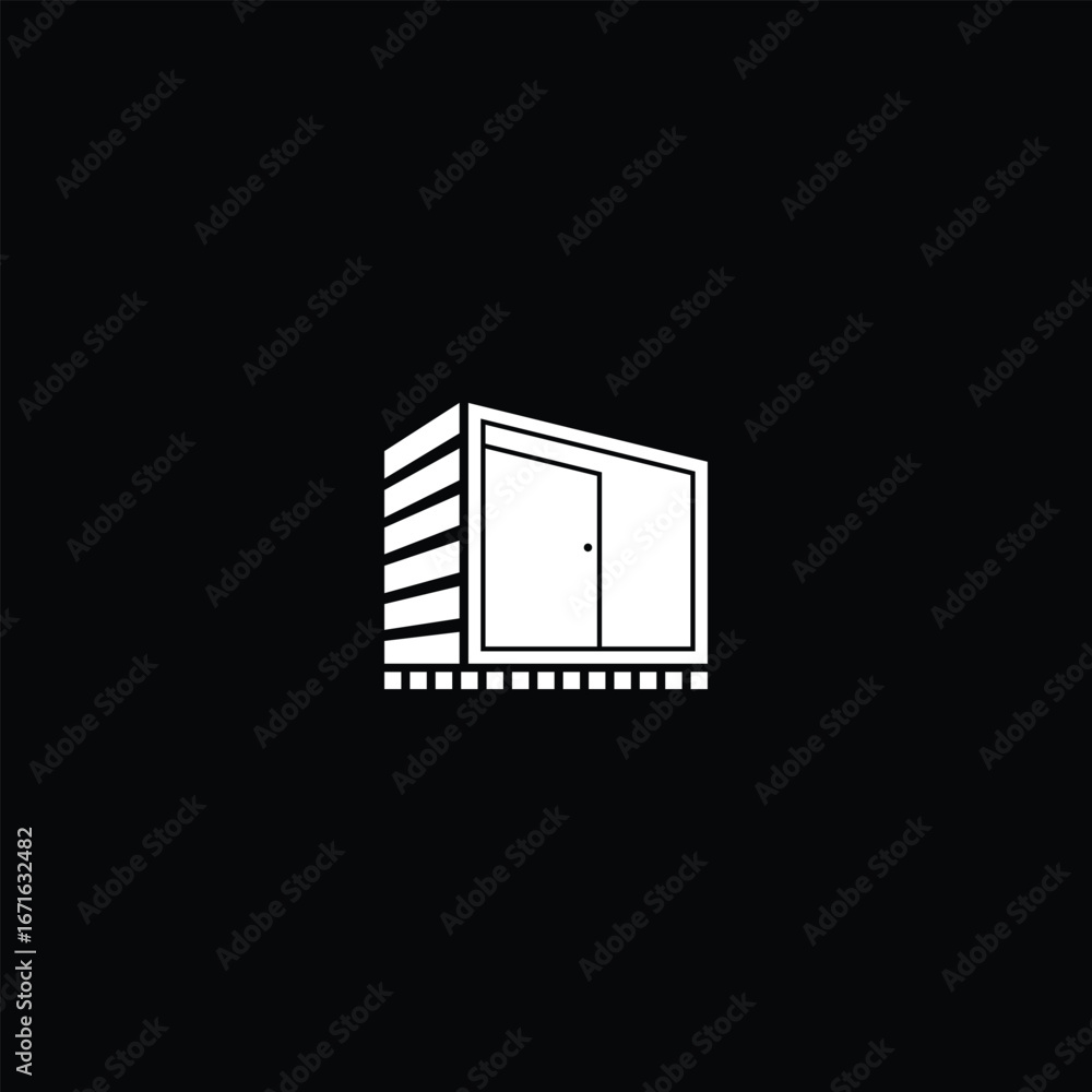 Poster minimalist vector logo design of a modern container-style building in black and white. the simple ge