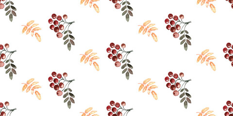 Autumn plants. Watercolor simple seamless pattern with the image of a bunch of red rowan berries and an orange rowan leaf. Hand-drawn illustration on a white background for the design of packaging