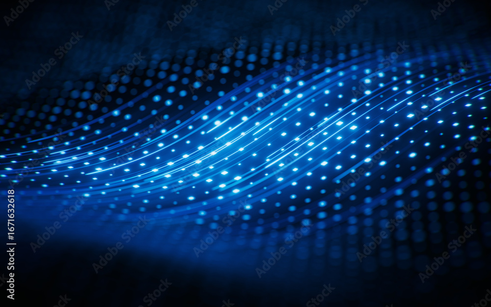 Aufkleber flowing curve lines with technical board background, 3d rendering.