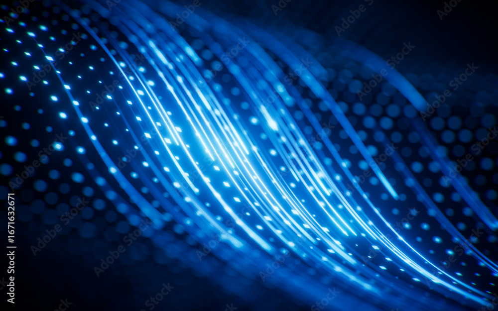 Aufkleber flowing curve lines with technical board background, 3d rendering.
