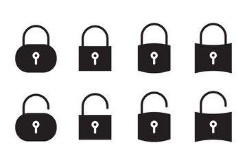Lock icon set isolated . Security and protection symbol. Locked and unlocked icon.  Lock and unlock padlock icon representing security, privacy, access control, or data protection. 