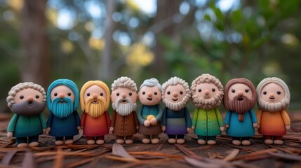 Obraz premium A group of colorful, bearded clay figurines stands together outdoors on a forest floor, surrounded by blurred greenery and natural light