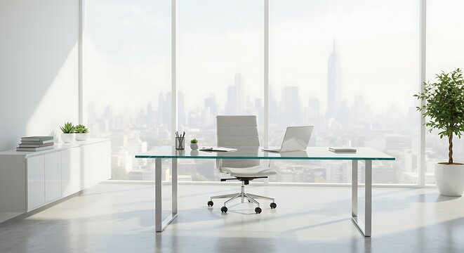 Modern office space with a desk, chair, laptop, and city view through large windows.