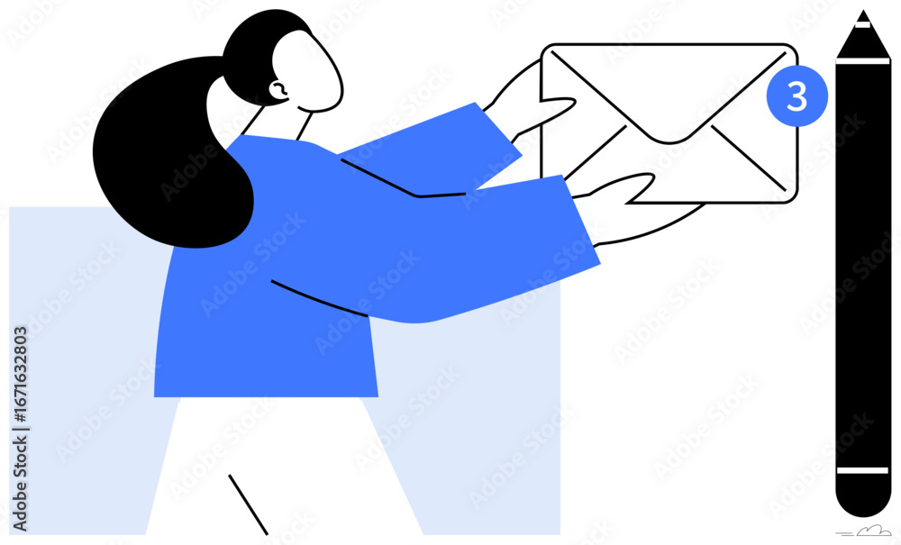 Poster abstract figure holding an envelope with notification badge alongside a pencil. ideal for messaging,