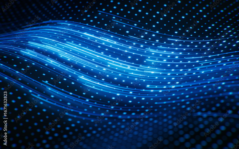 Aufkleber flowing curve lines with technical board background, 3d rendering.