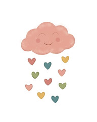 Cute Smiling Cloud with Colorful Falling Hearts, Happy Cloud Cartoon Illustration Sticker, Adorable Cloud Doodle with Heart Rain for Journaling and Scrapbook