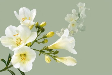 Obraz premium A delicate arrangement of pale white flowers with subtle yellow accents against a soft sage green backdrop, showcasing a flowing, ethereal effect.