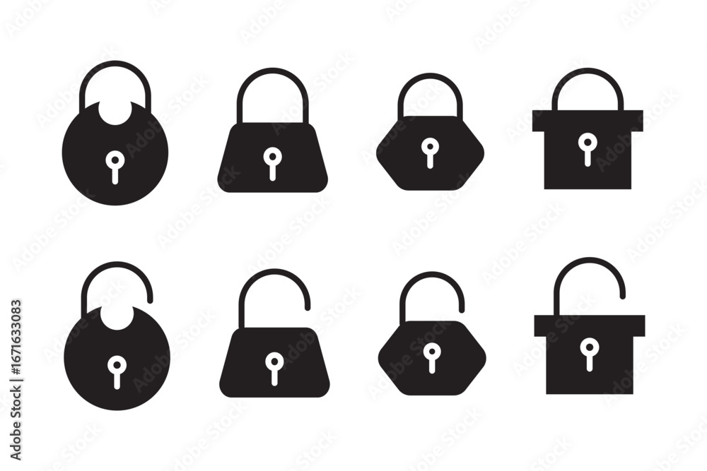 Poster lock vector icon set. open or closed illustration sign collection. door symbol. lock icon set. padlo