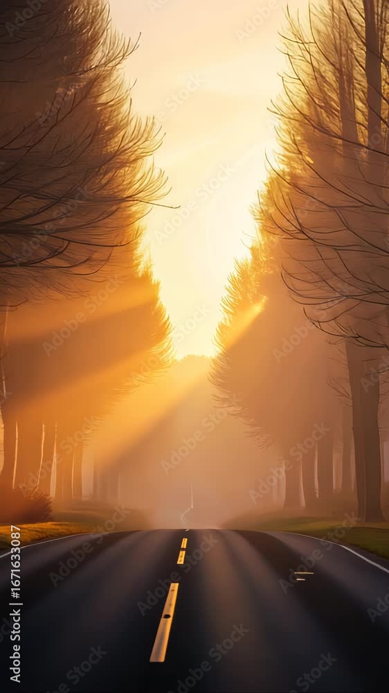 Poster serene sunrise drive on a tree-lined road with sunbeams passing through the branches creating a maje