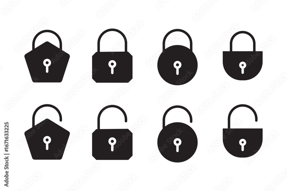 Poster lock vector icon set. open or closed illustration sign collection. door symbol. lock icon set. padlo
