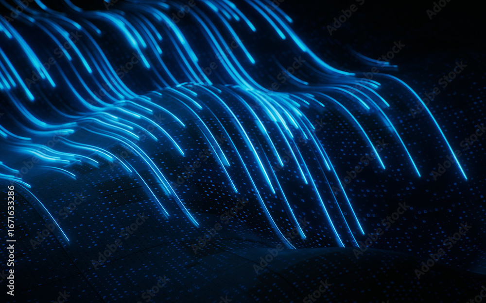 Poster flowing curve lines with technical board background, 3d rendering.