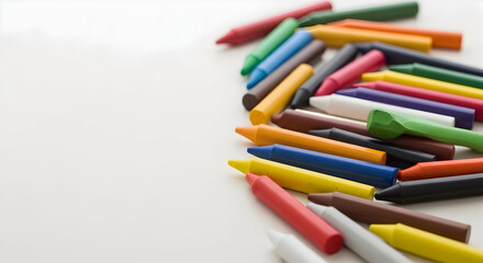 A colorful collection of crayons arranged on a white surface