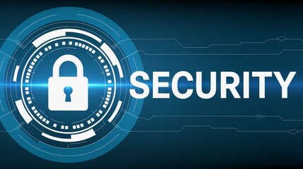 Digital security concept with padlock icon and glowing text on blue background