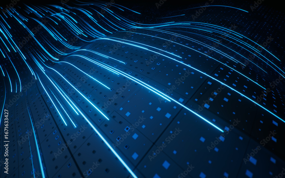 Poster flowing curve lines with technical board background, 3d rendering.