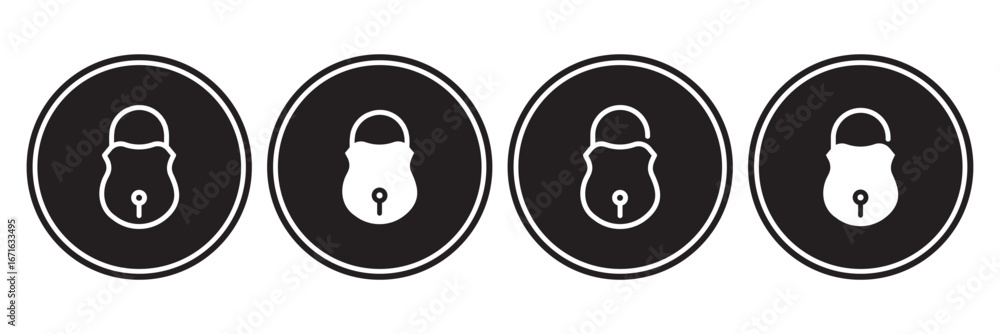 Poster huge set of lock and unlock icons in black and white color in circle for user interface. lock icon c