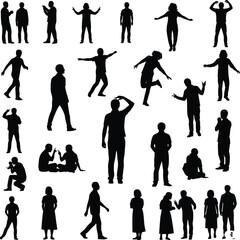 Silhouettes of people vector illustration showing men women children in various poses and activities