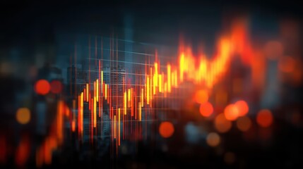 A digital graph with glowing orange candlesticks depicts financial data trends over a blurred cityscape background