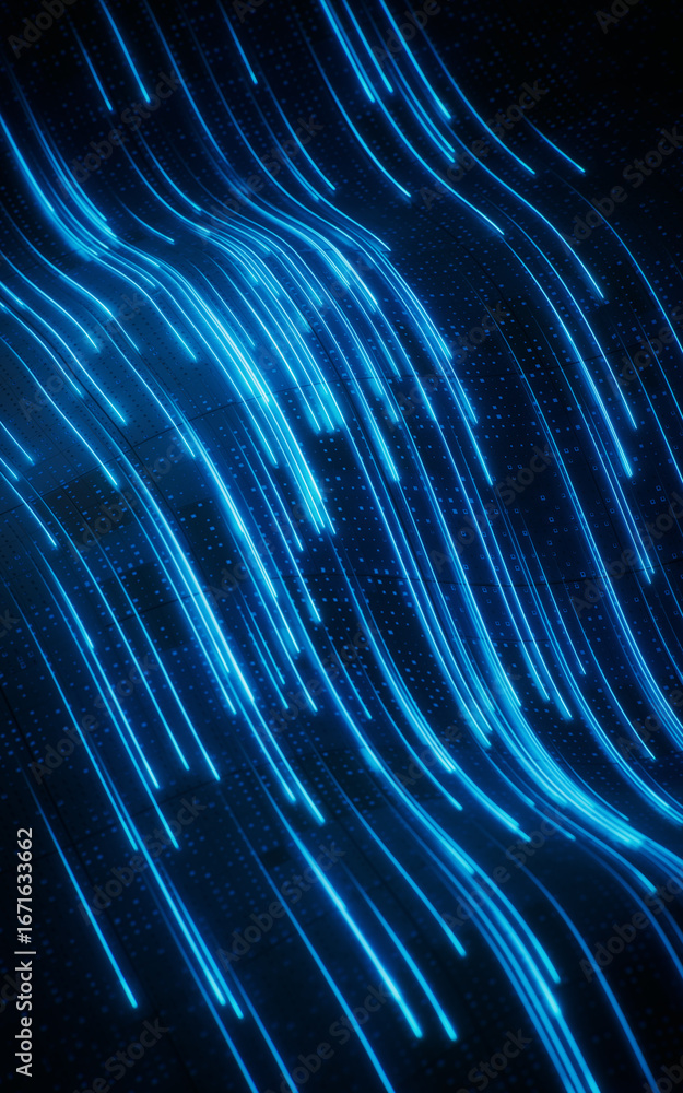 Aufkleber flowing curve lines with technical board background, 3d rendering.