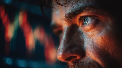 Close-up of a man’s intense eyes reflecting stock market charts, symbolizing focus, trading emotions, and financial decision-making in volatile markets.