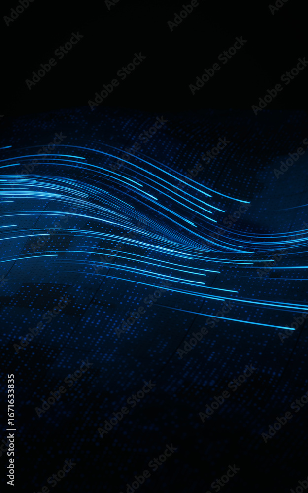 Aufkleber flowing curve lines with technical board background, 3d rendering.