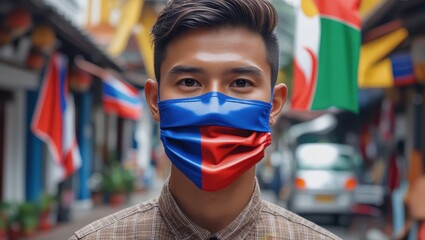 Close-up portrait of a man wearing a face mask with a national flag design in a bustling outdoor setting.
