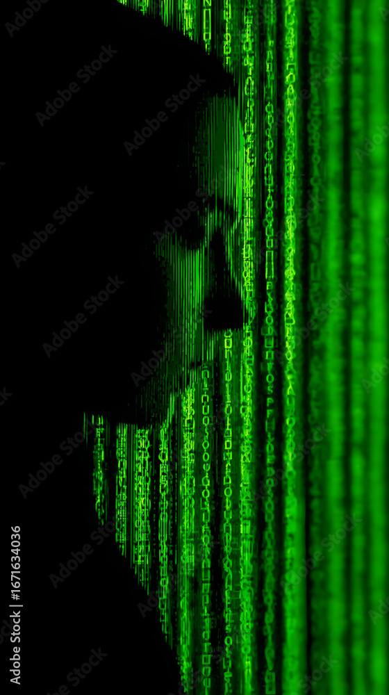 Aufkleber hacker silhouette in a dark room surrounded by holographic code streams, concept of data breach and 