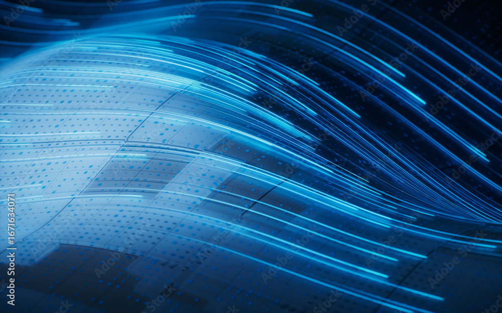 Poster flowing curve lines with technical board background, 3d rendering.