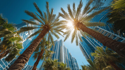 Tall palm trees frame a view of modern high-rise buildings under a bright blue sky, capturing the tropical urban vibe of a sunny, coastal cityscape.