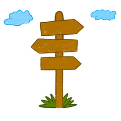 Wooden Direction Signpost Cartoon Illustration, Hand Drawn Road Sign with Grass and Clouds, Cute Wooden Arrow Direction Board Clipart for Journal and Scrapbook