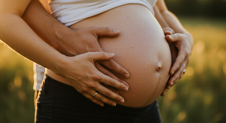 A pregnant woman's belly is lovingly embraced by her partner's hands in a warm, outdoor setting.