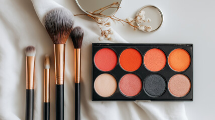 Flat lay of makeup brushes and colorful eyeshadow palette on white fabric, with mirror and dried flowers, creating a soft and elegant beauty setup.
