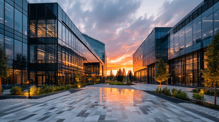 Modern office buildings with glass facades reflect a vibrant sunset sky, creating a stunning and serene urban scene with landscaped surroundings.