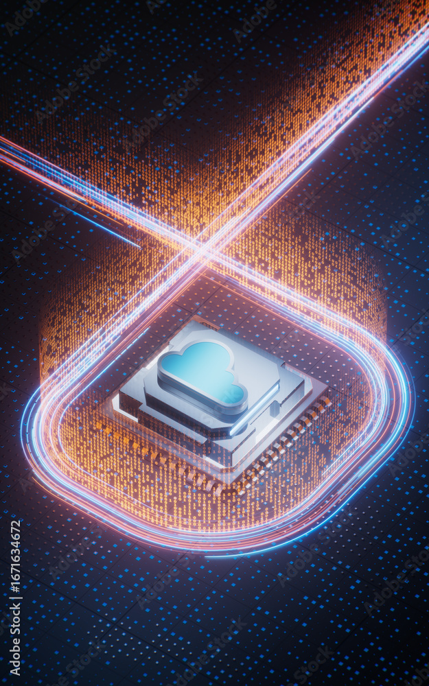 Poster circuit board and core with cloud computing concept, 3d rendering.