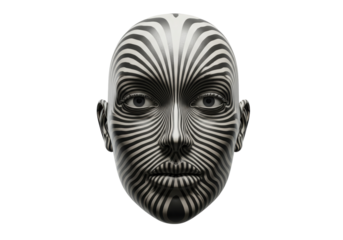 Isolated humanoid face with black and white stripes for 3d design or motion graphics
