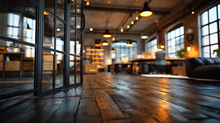 Stylish loft office interior with wooden floors, industrial windows, and warm ambient lighting, creating a cozy and modern working atmosphere.