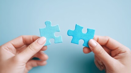 Two hands holding matching blue puzzle pieces against a light blue background
