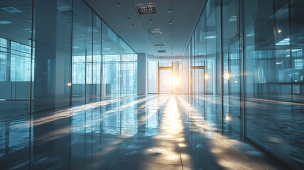 Modern empty office space with glass walls and polished floors, illuminated by dramatic sunlight streaming through large windows at sunrise or sunset.