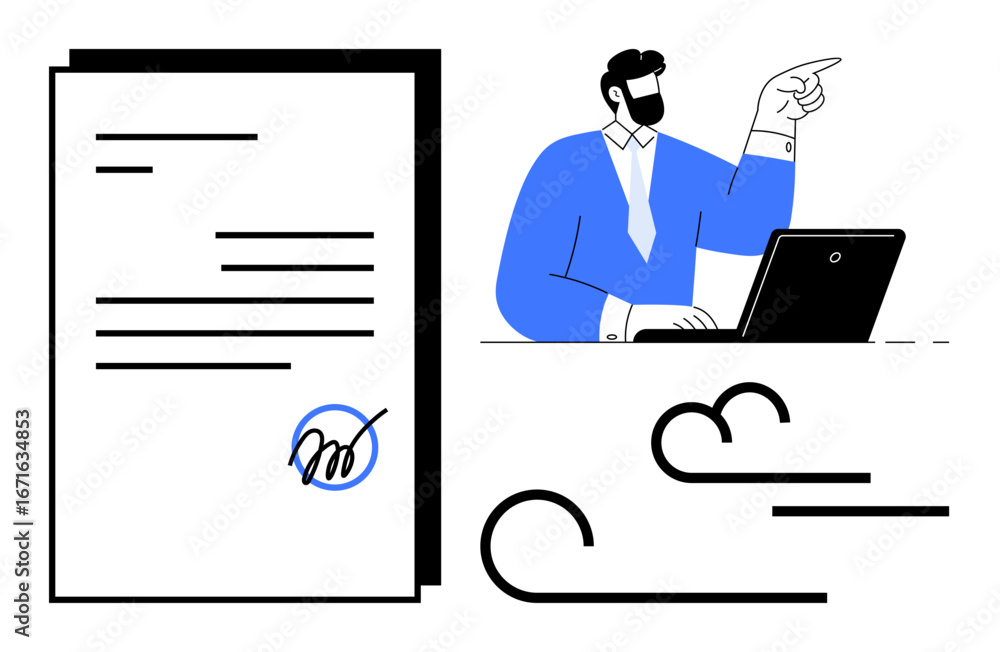 Poster document signed with a digital pen alongside a business professional working on a laptop. ideal for 